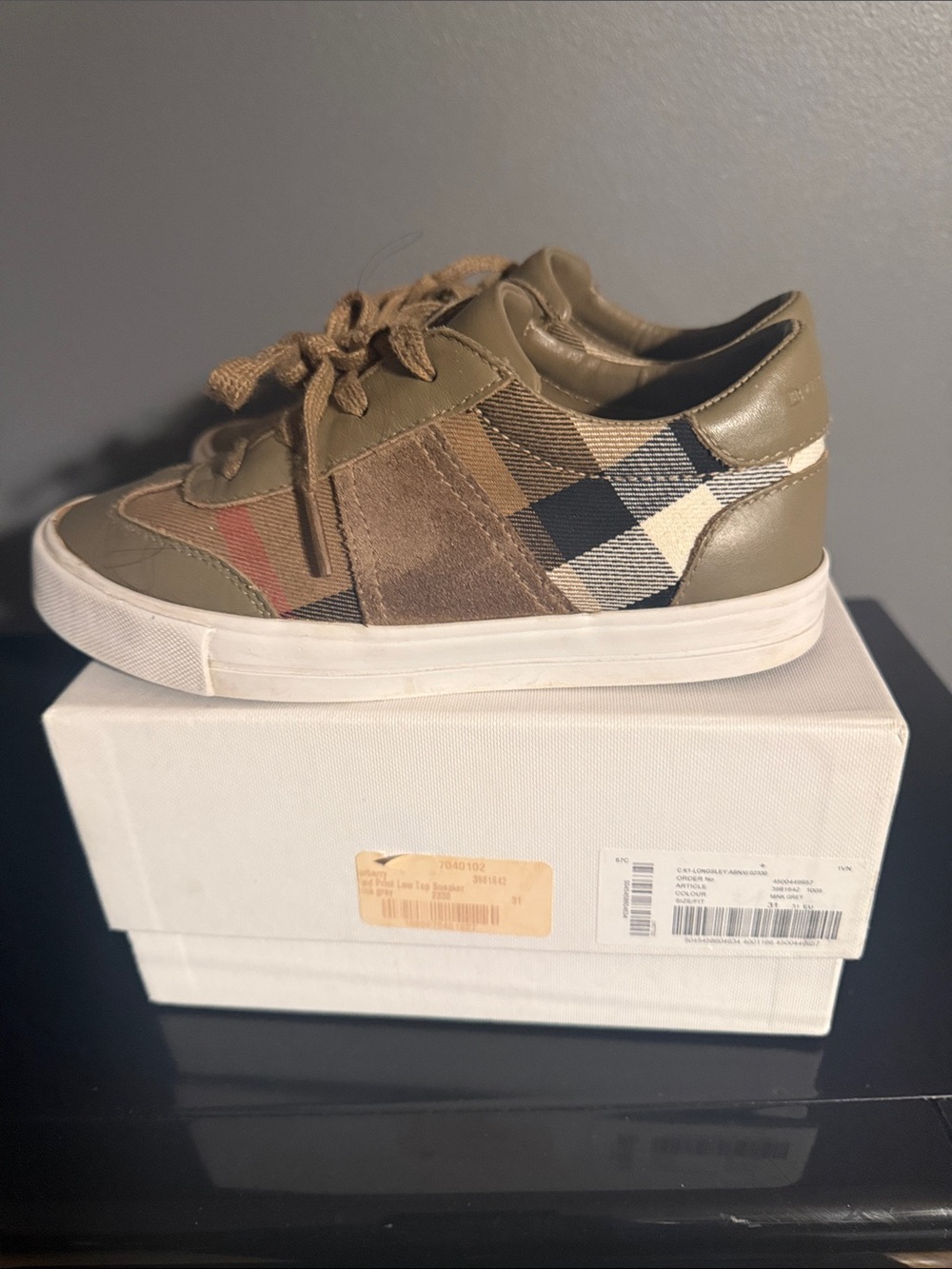 Burberry Mink Grey, Beige and Black Plaid Kids Sneakers